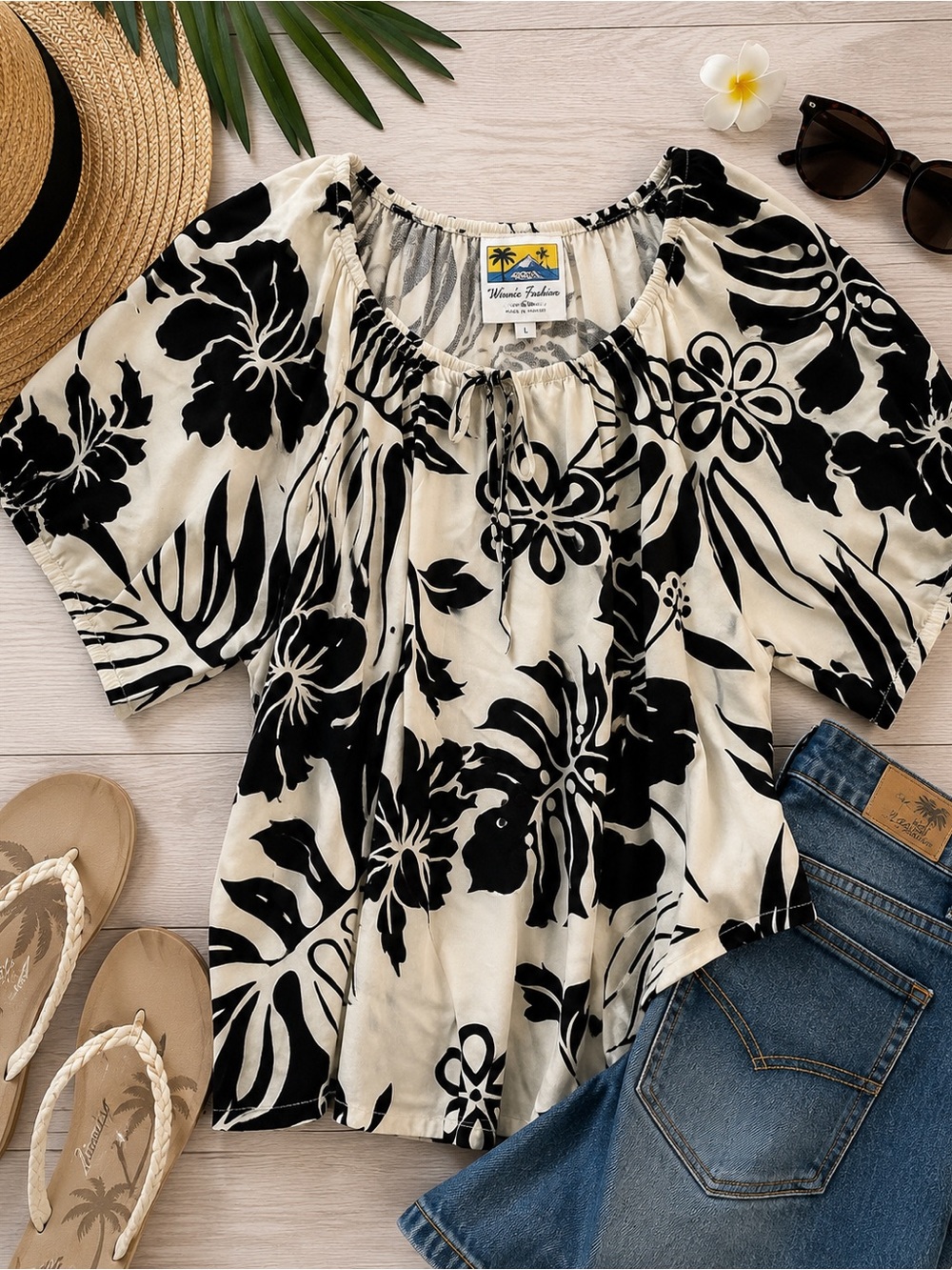 Hilo Hattie Winnie Fashion Hawaiian Black White Floral Rayon Blouse Top Size L